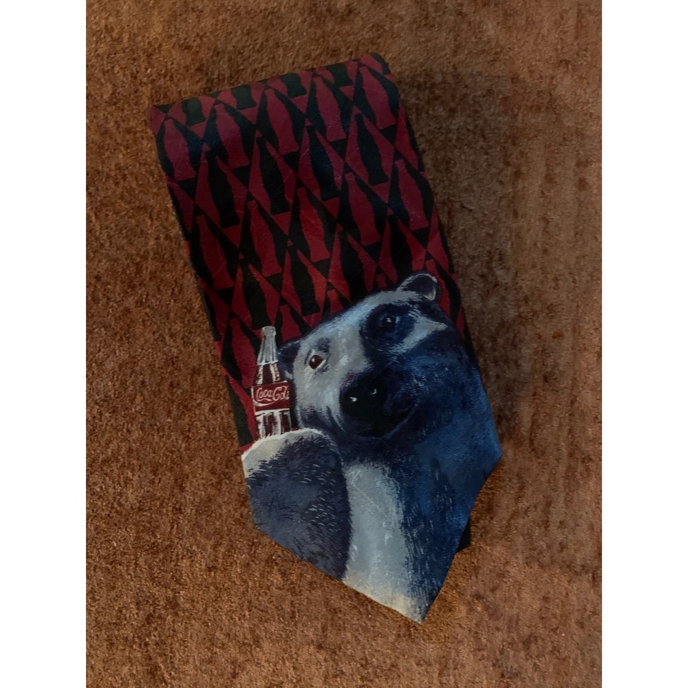 Vintage Coca-Cola Polar Bear Necktie Mens Red Black Soda Advertising Tie USA